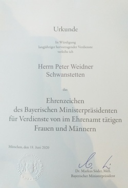 Ehrenzeichen des Bayerischen Ministerpräsidenten für Peter Weidner